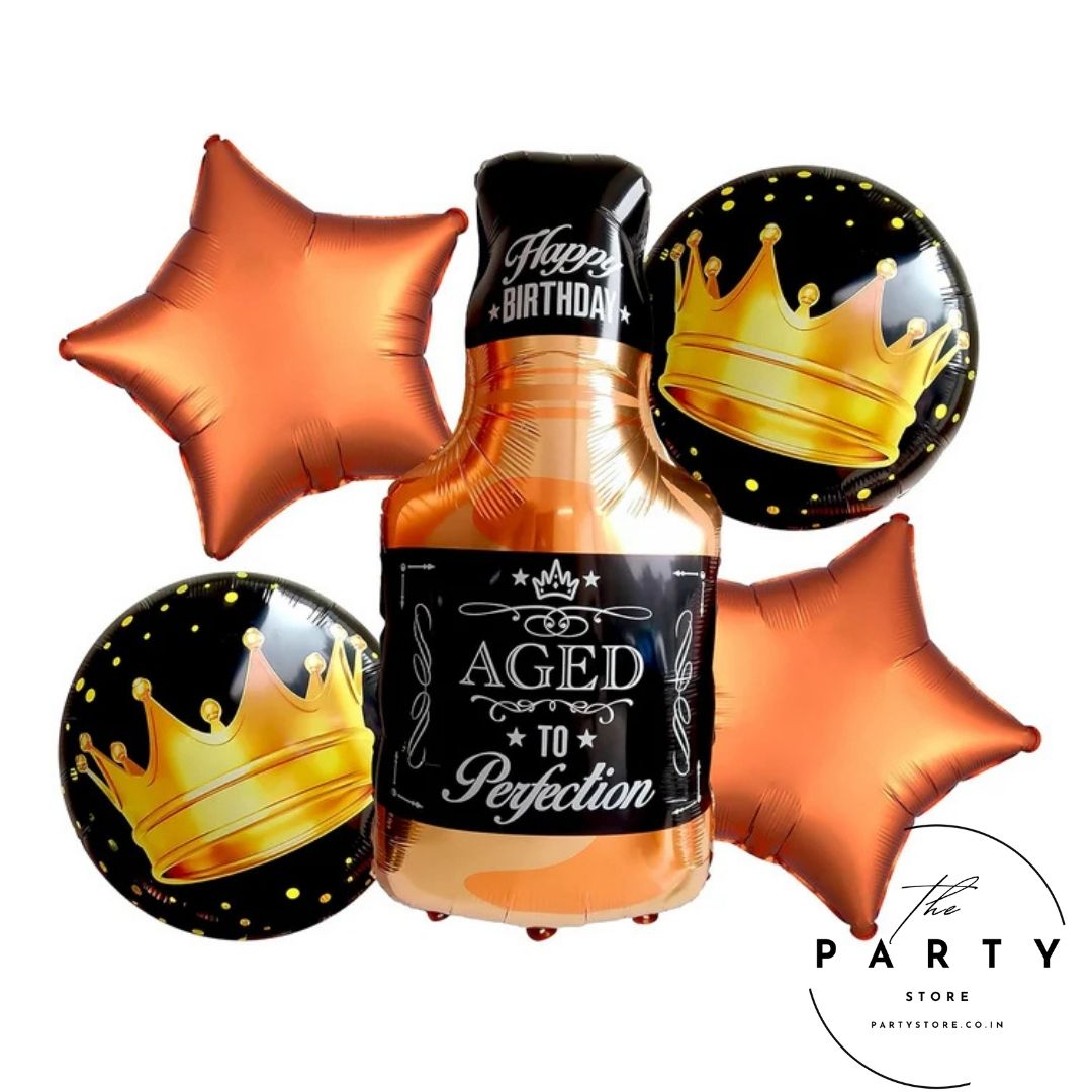Renowned Events Aged To Perfection Foil Balloon Pack of 5 Whiskey Bottle Balloon Set Happy Birthday Party Decoration