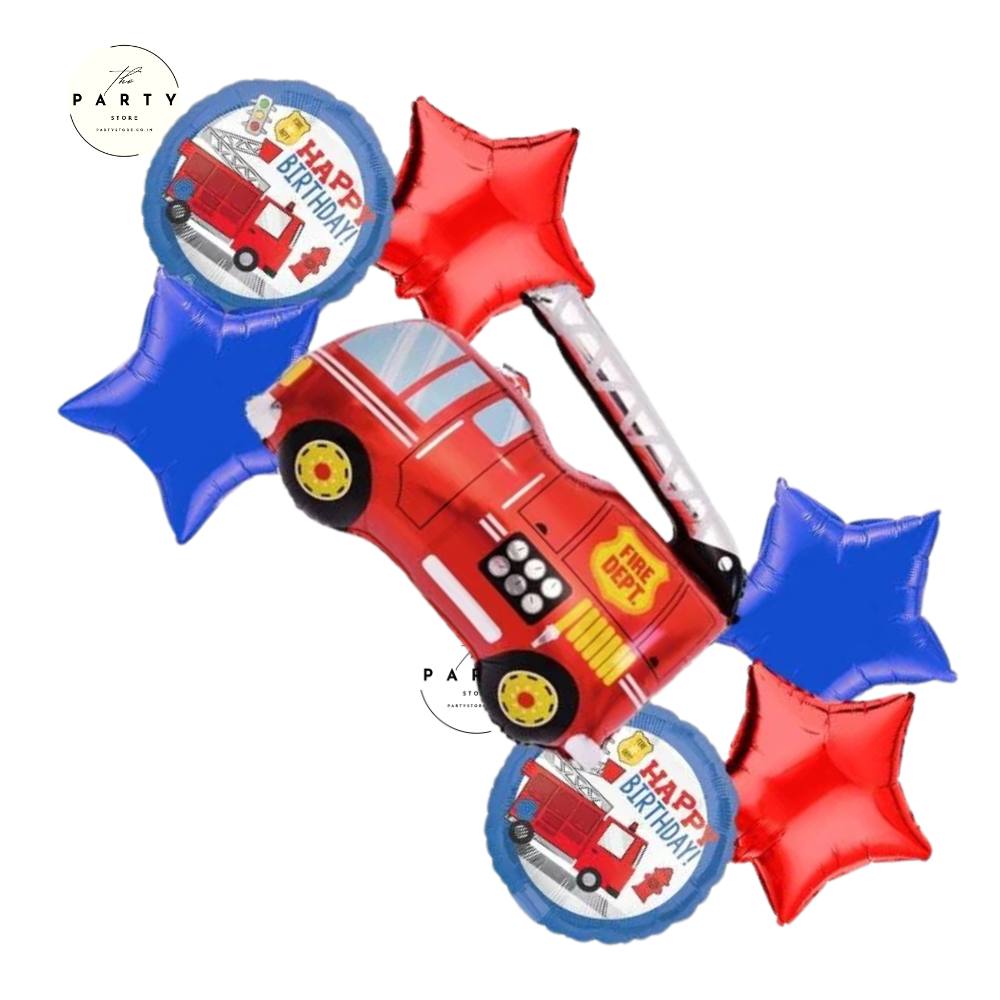 Rescue Fire Brigade Theme fire truck Balloon 7 Pc Rescue Birthday Foil Helium Balloon Bouquet  (Multicolor, Pack of 7)