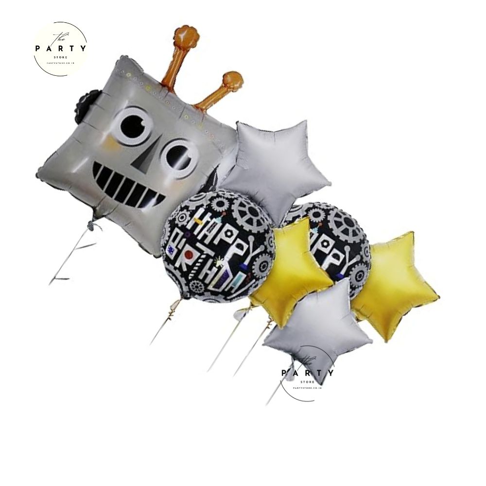 Robot Shape Happy Birthday  Helium Inflatable Foil Balloons Set - 7pcs for Sci-fi Future inspired Tech Theme Party Decorations | Perfect for Robot-Themed Birthdays and Celebrations