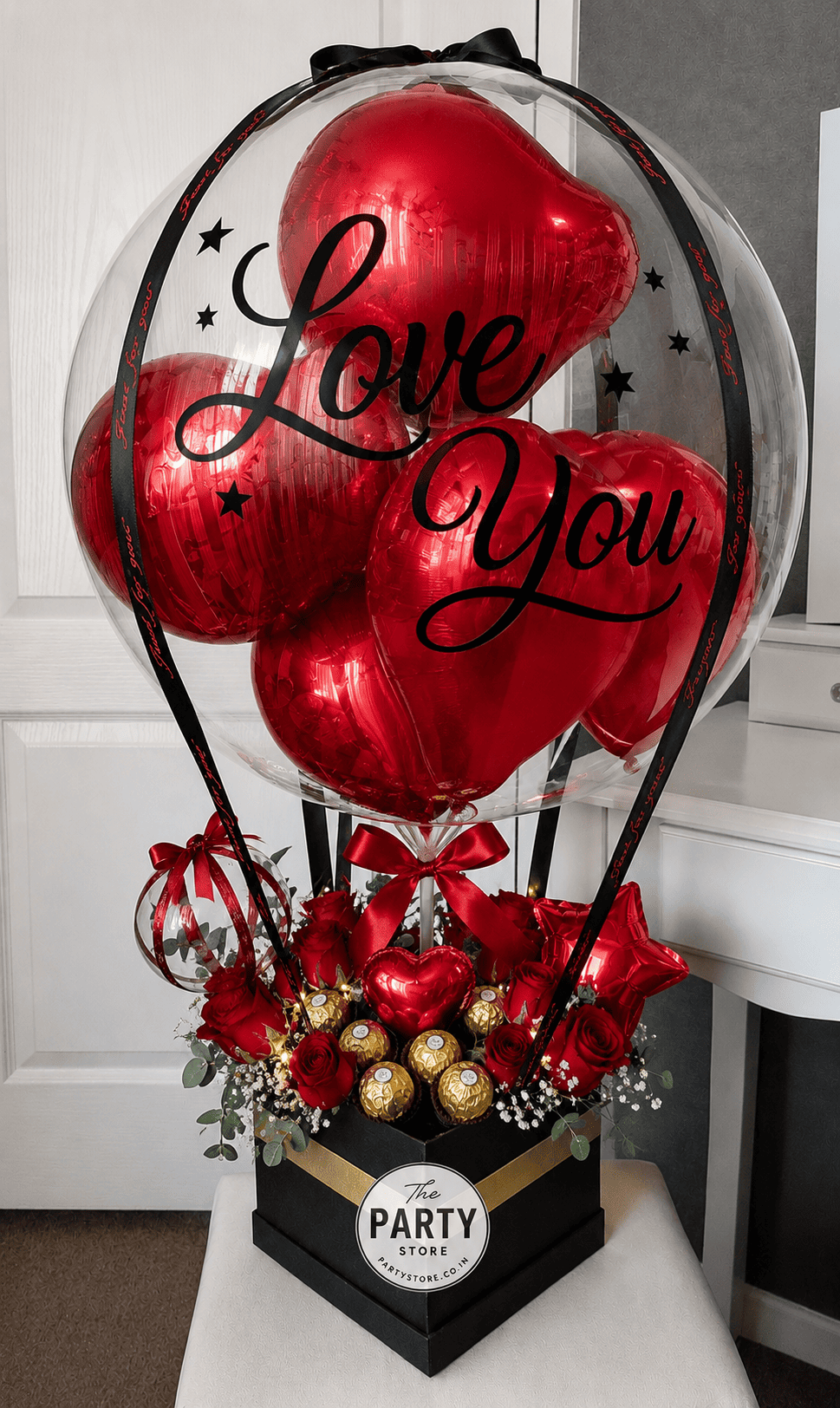 Love You Heart Balloon Bouquet with Roses &amp; Ferrero Rocher | Romantic Gift Hamper | The Party Store
