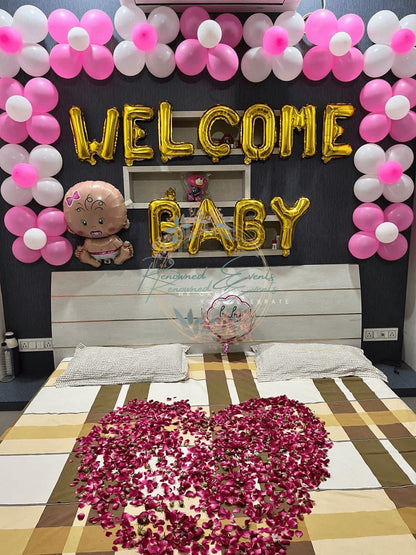 Baby Welcome Room Decor with Balloons &amp; Rose Petals