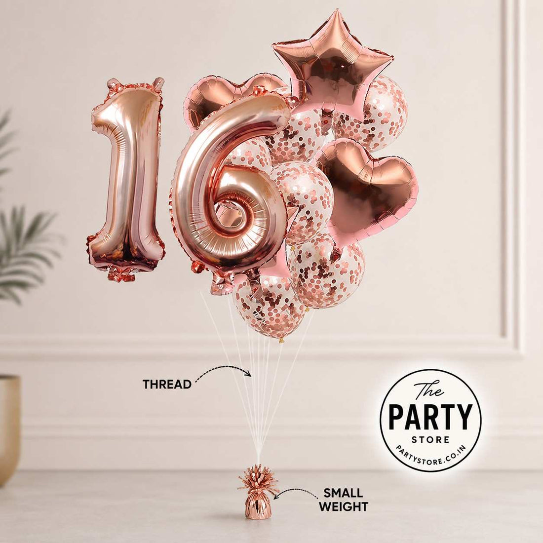 Rose Gold Helium Balloon Bouquet with Number Balloons &amp; Confetti Balloons | The Party Store