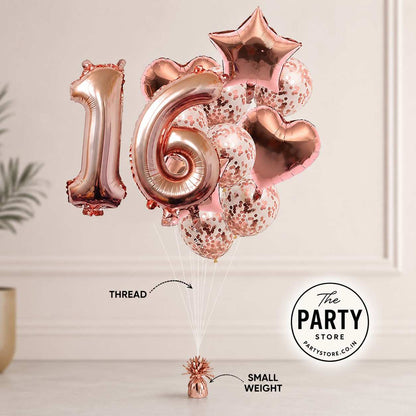 Rose Gold Helium Balloon Bouquet with Number Balloons &amp; Confetti Balloons | The Party Store