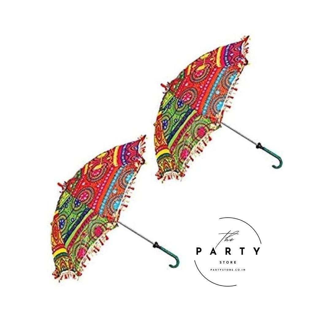 Sun Protection Handmade Rajasthani Umbrella Handicraft Walking Stick for Haldi, Mehndi, Navratri, Party Decorations