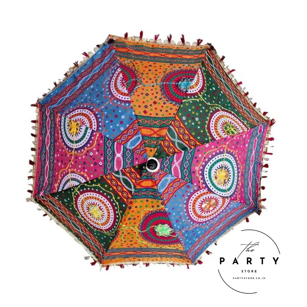 Sun Protection Handmade Rajasthani Umbrella Handicraft Walking Stick for Haldi, Mehndi, Navratri, Party Decorations