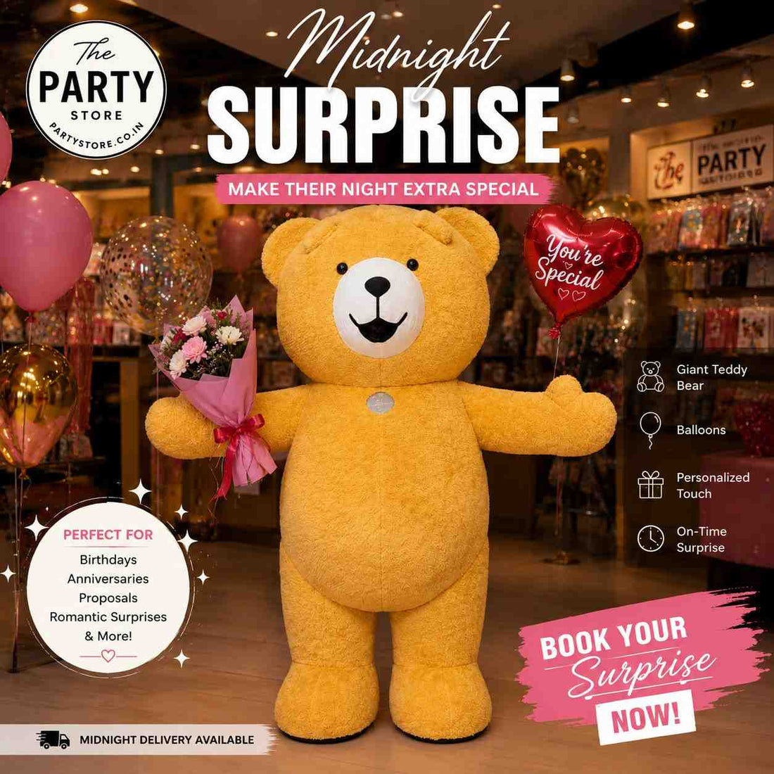 Human-size giant teddy bear surprise service with flowers and balloons for birthdays, anniversaries, proposals, romantic surprises, and midnight surprise celebrations.