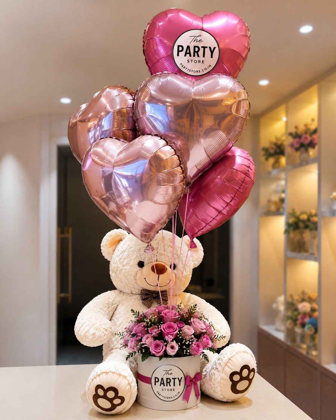 Teddy Bear &amp; Helium Heart Balloons Bouquet | The Party Store