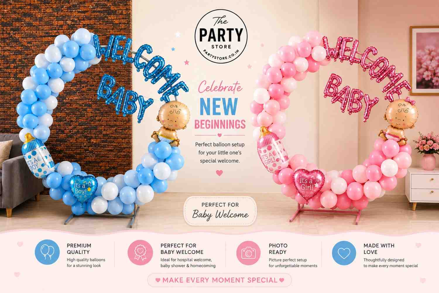 Welcome Baby Balloon Decoration | Boy &amp; Girl Baby Welcome Setup | The Party Store