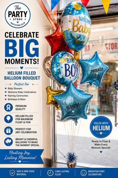 Welcome Baby Boy Helium Balloon Bouquet | Baby Shower &amp; Welcome Baby Decoration | The Party Store