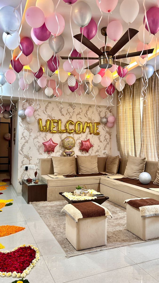 Welcome Baby Decoration at Home with Ceiling Balloons &amp; Foil Banner