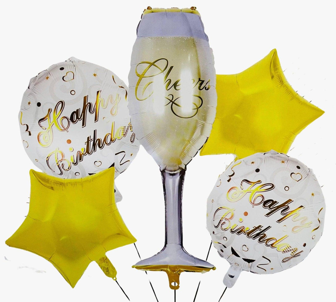 Cheers Wine Glass Foil and 2 Birthday &amp; 2 Gold Star Shape Foil Balloons - The Party Store