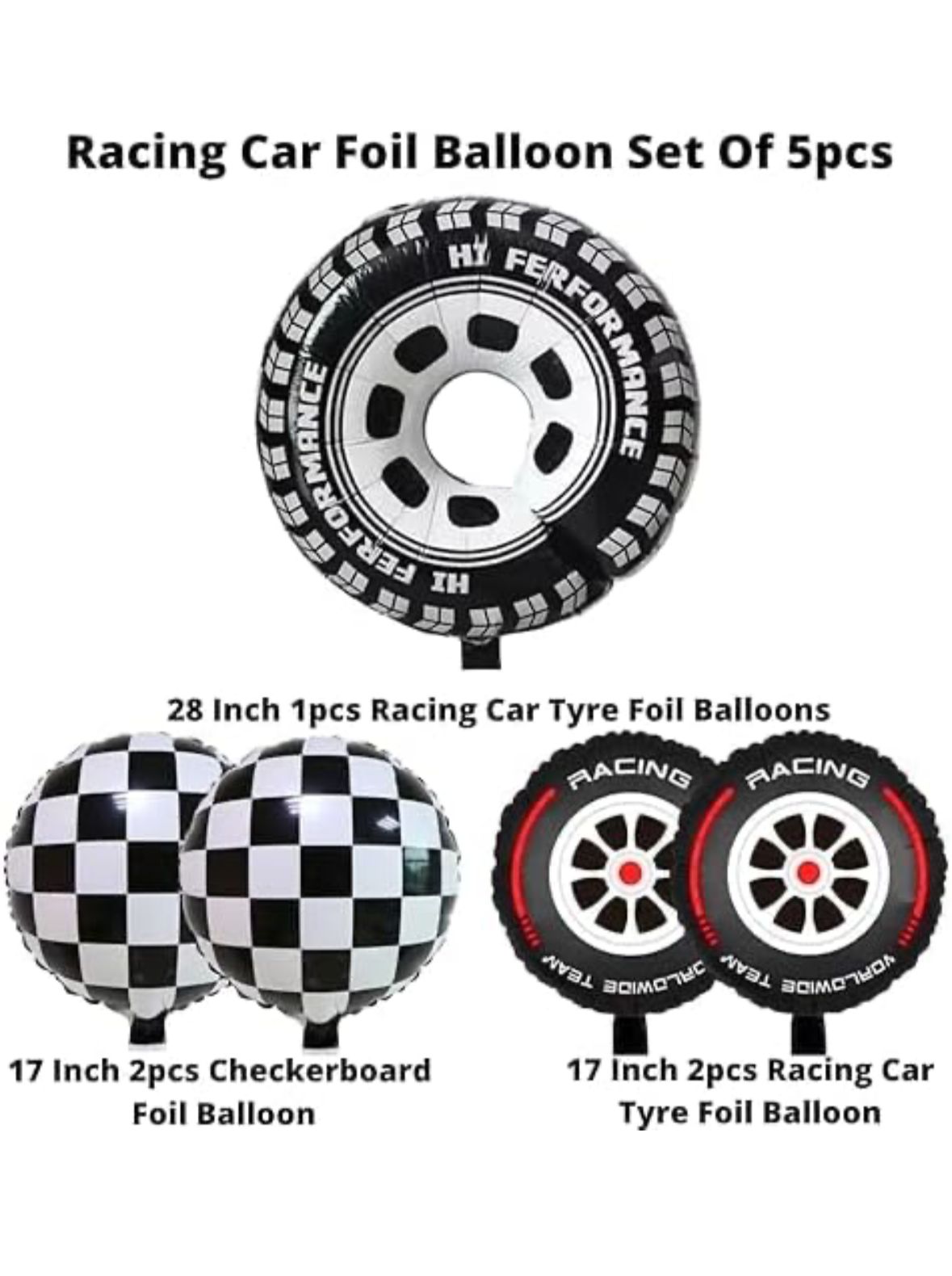 Race Car Balloons Wheels Checkered Balloons Set - 30 Inch Big Foil Mylar Tire Balloon for Boys Drivers Driving Racing Car Theme