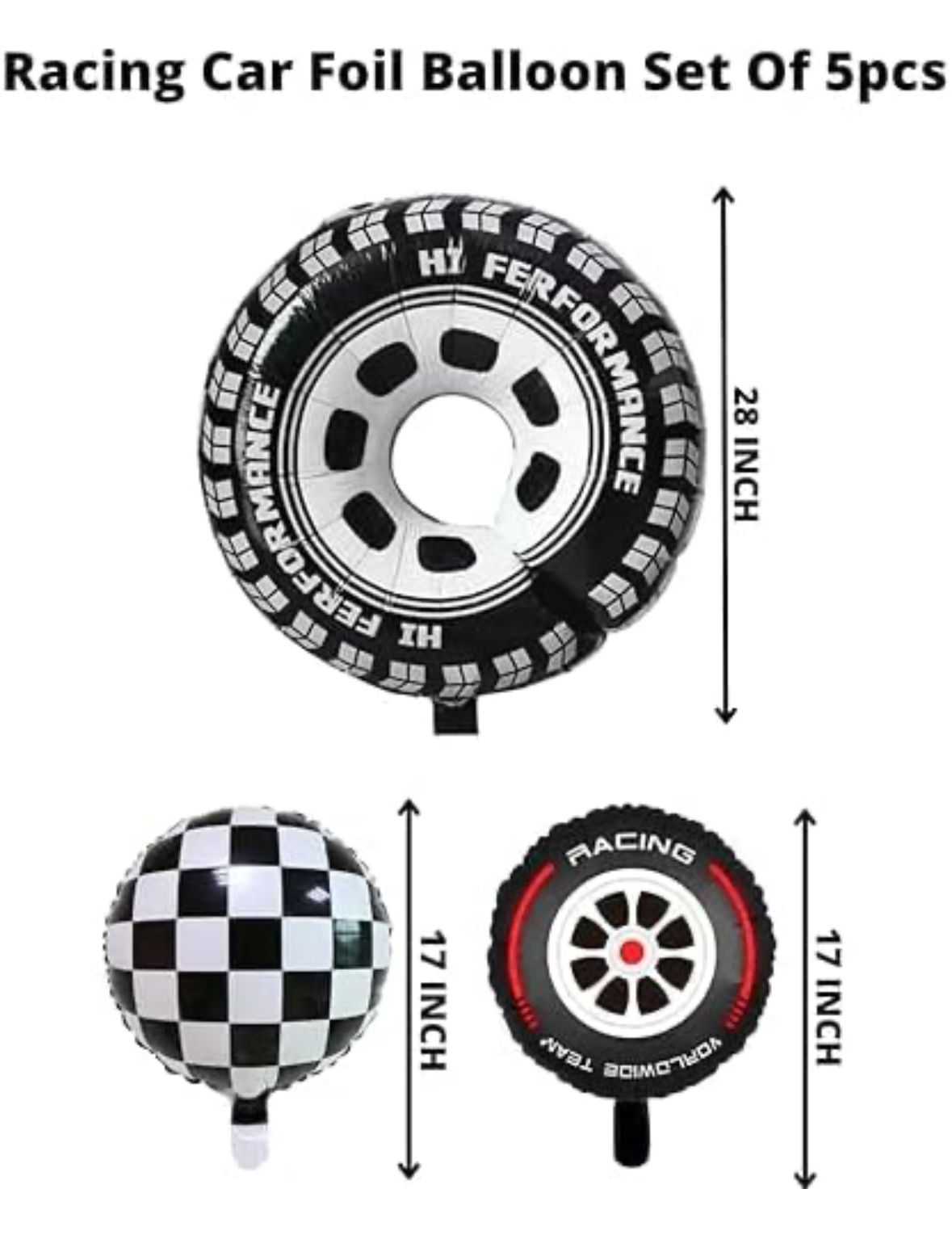 Race Car Balloons Wheels Checkered Balloons Set - 30 Inch Big Foil Mylar Tire Balloon for Boys Drivers Driving Racing Car Theme