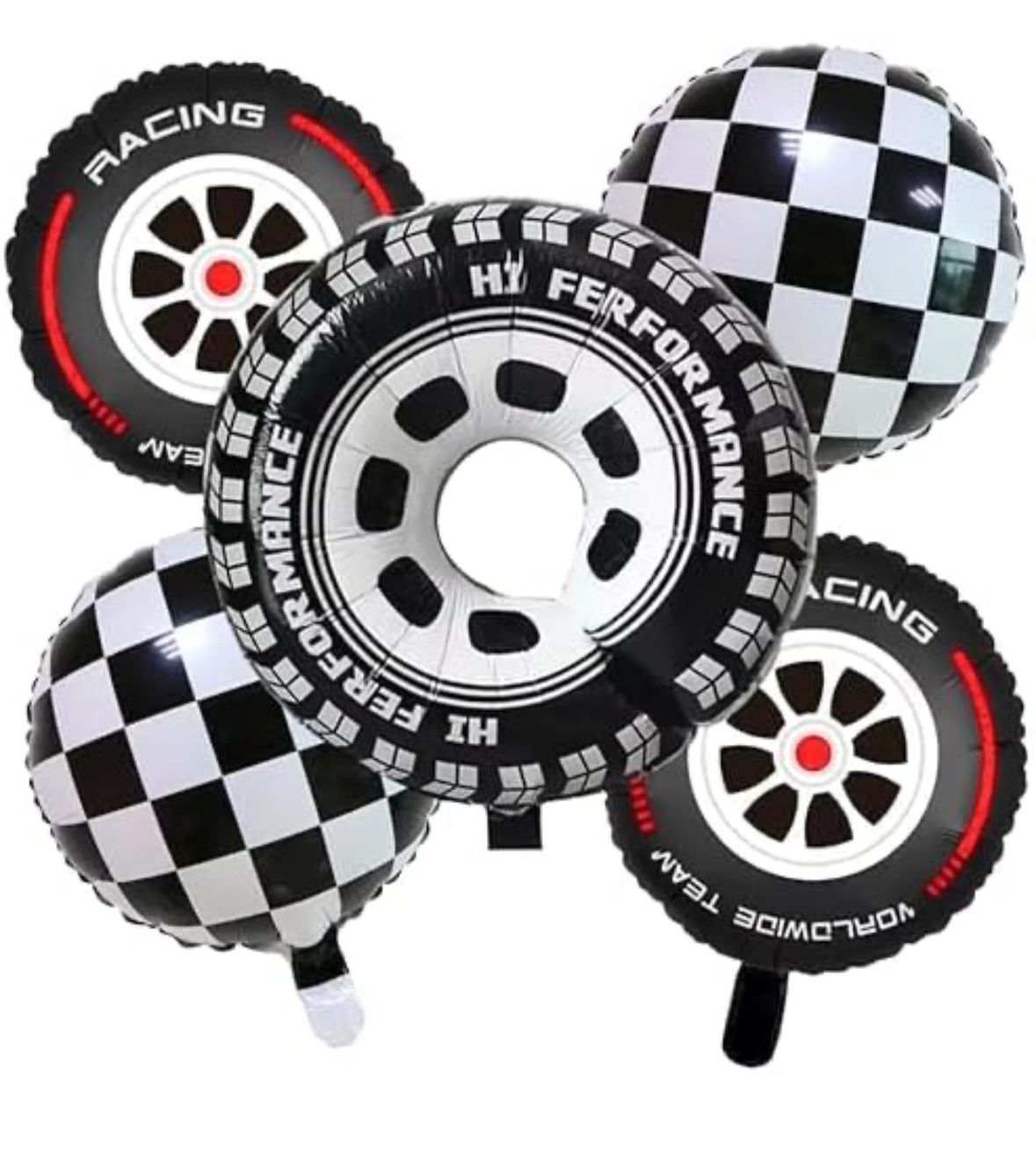 Race Car Balloons Wheels Checkered Balloons Set - 30 Inch Big Foil Mylar Tire Balloon for Boys Drivers Driving Racing Car Theme