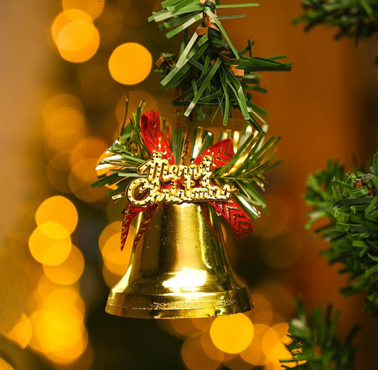 Golden Bell Set with Assorted Ornaments Pack of 4 | Bells, Stars, Balls, Bows, Drums & Gift Boxes for Festive Season Tree, Wall, Door & Ceiling Decorations at Home, School & Party