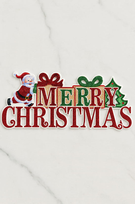 Merry Christmas Glitter Hanging Sign | Santa & Gift Christmas Wall Decoration
