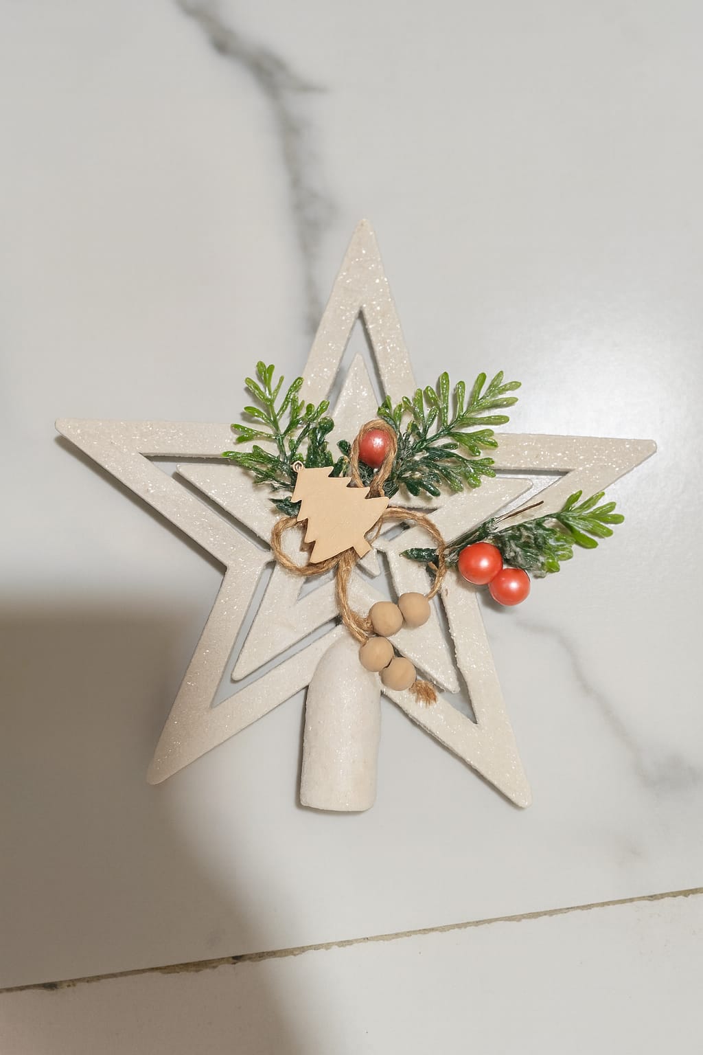 White Star Christmas Tree Topper | Glitter Star with Natural Greenery
