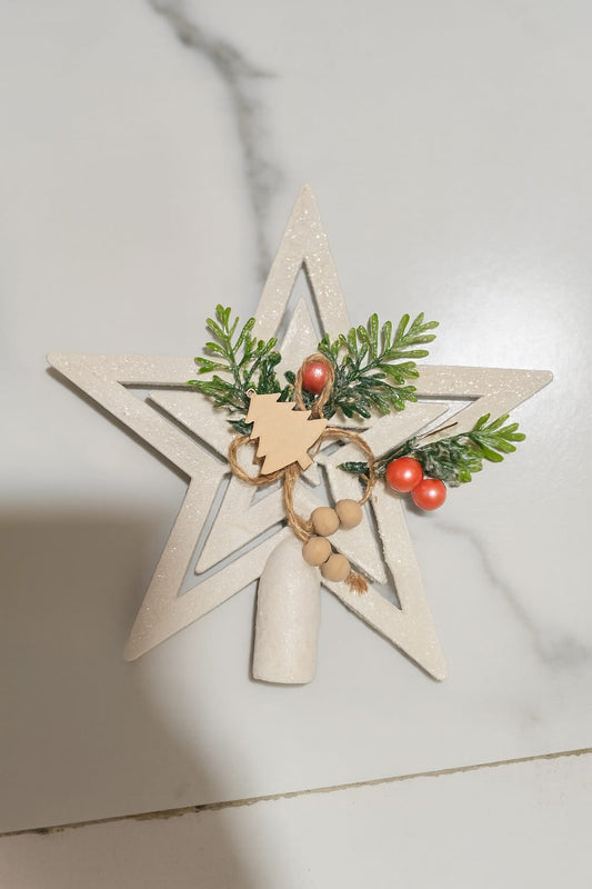 White Star Christmas Tree Topper | Glitter Star with Natural Greenery