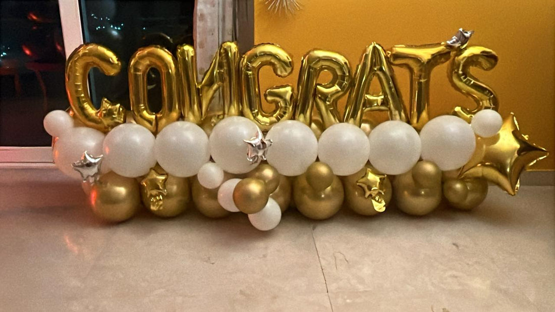 Congrats Balloon Decoration – Gold &amp; White Celebration Balloon  Bouquet Setup
