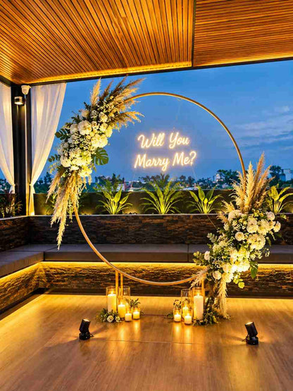 Will You Marry Me Proposal Decoration with Floral Ring &amp; Neon Sign