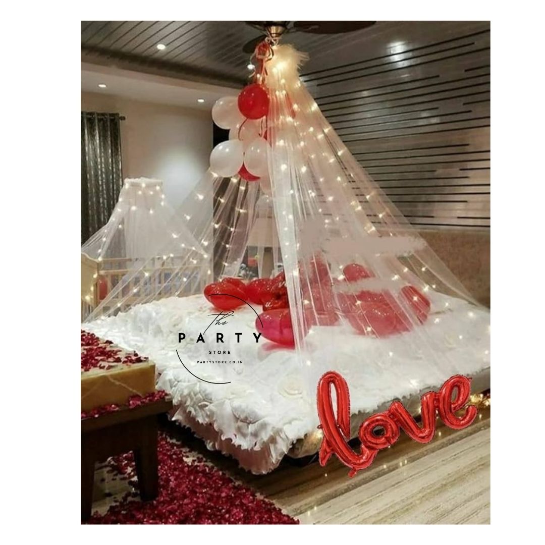 White Net Canopy Curtains. Perfect for romantic dinners, anniversary celebrations, birthday parties, and Valentine&