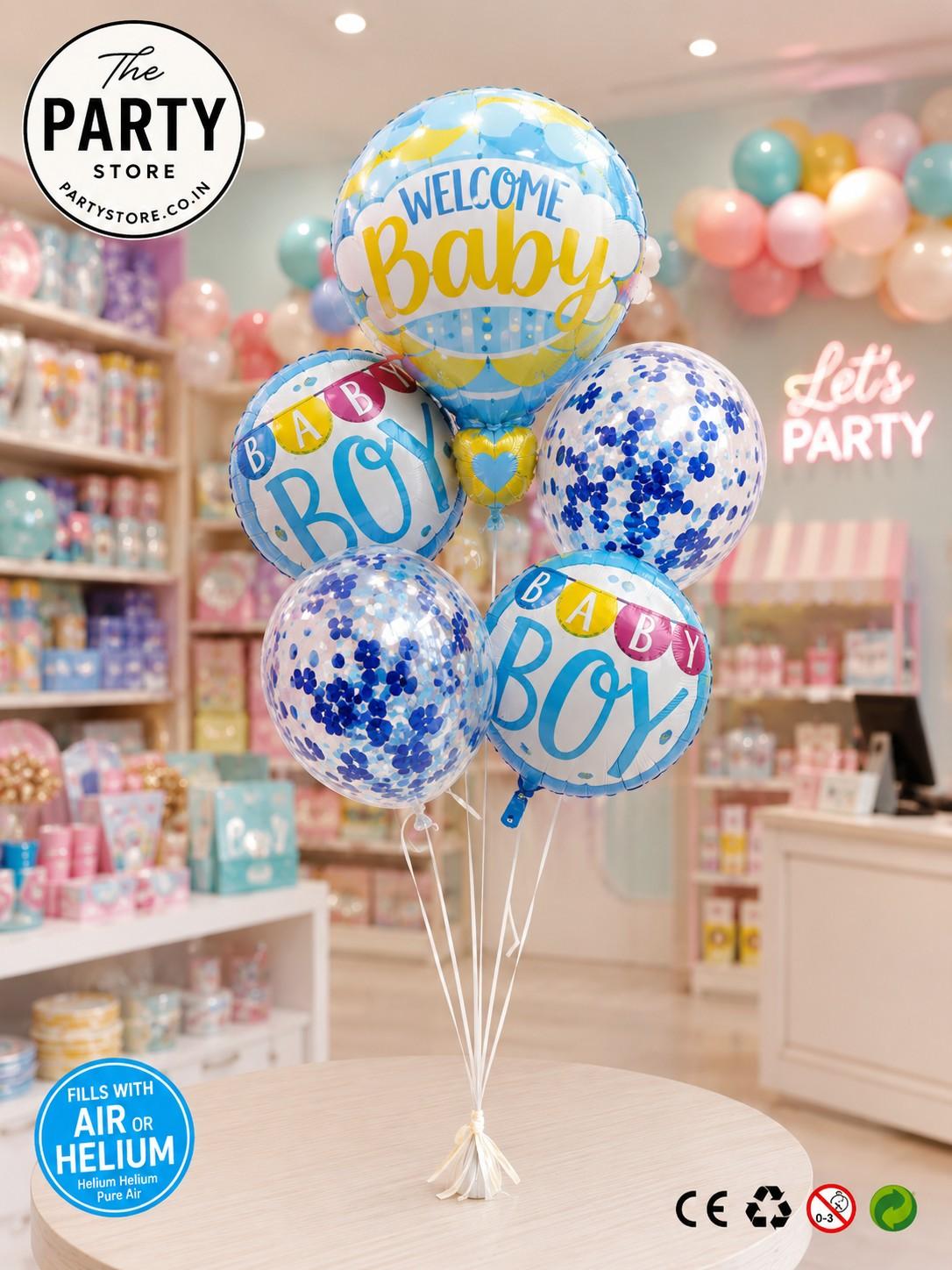 Welcome Baby Boy Helium Balloon Bouquet | Baby Shower &amp; Welcome Baby Decoration | The Party Store