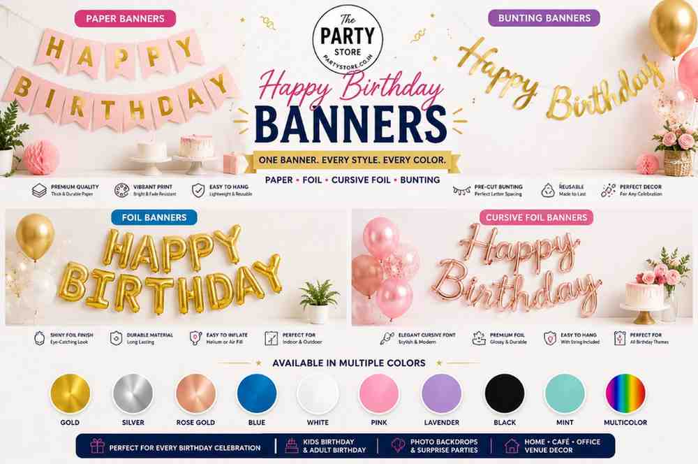 Happy Birthday Banner | Paper, Foil, Cursive Foil &amp; Bunting Decorations
