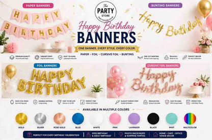 Happy Birthday Banner | Paper, Foil, Cursive Foil &amp; Bunting Decorations