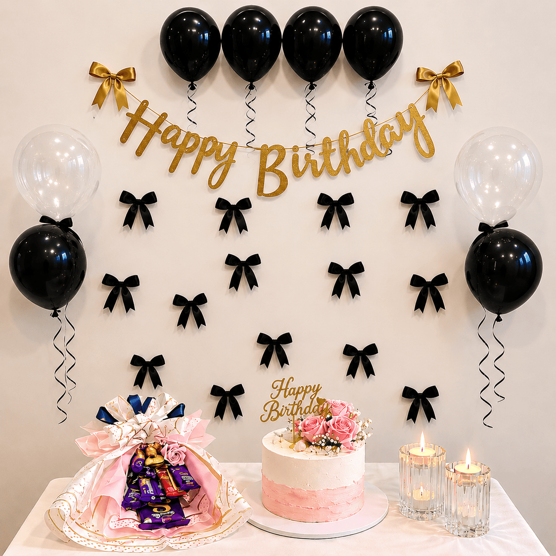 Birthday Room Decoration with Balloons, Ribbon Bows &amp; Happy Birthday Banner