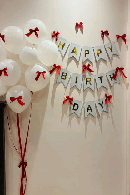 Birthday Room Decoration with Balloons, Ribbon Bows &amp; Happy Birthday Banner