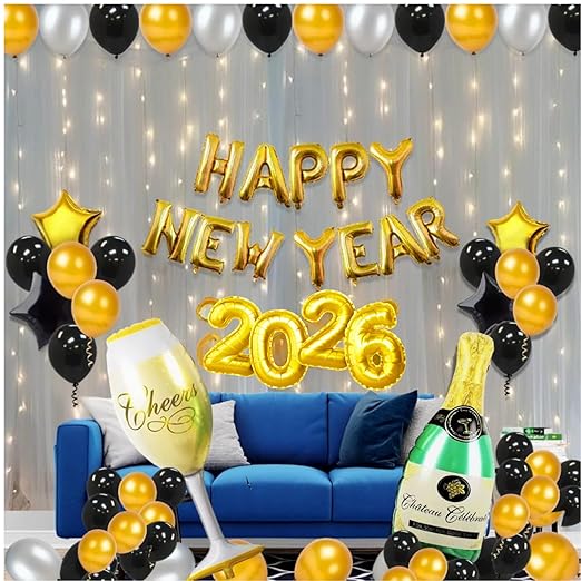 2026 Happy New Year Decoration Kit – 100 Pcs Black, Silver & Gold Party Decor Set with  Chrome metallic Balloons, Champagne Bottle & Number foil balloons for Office -New year party Decoration