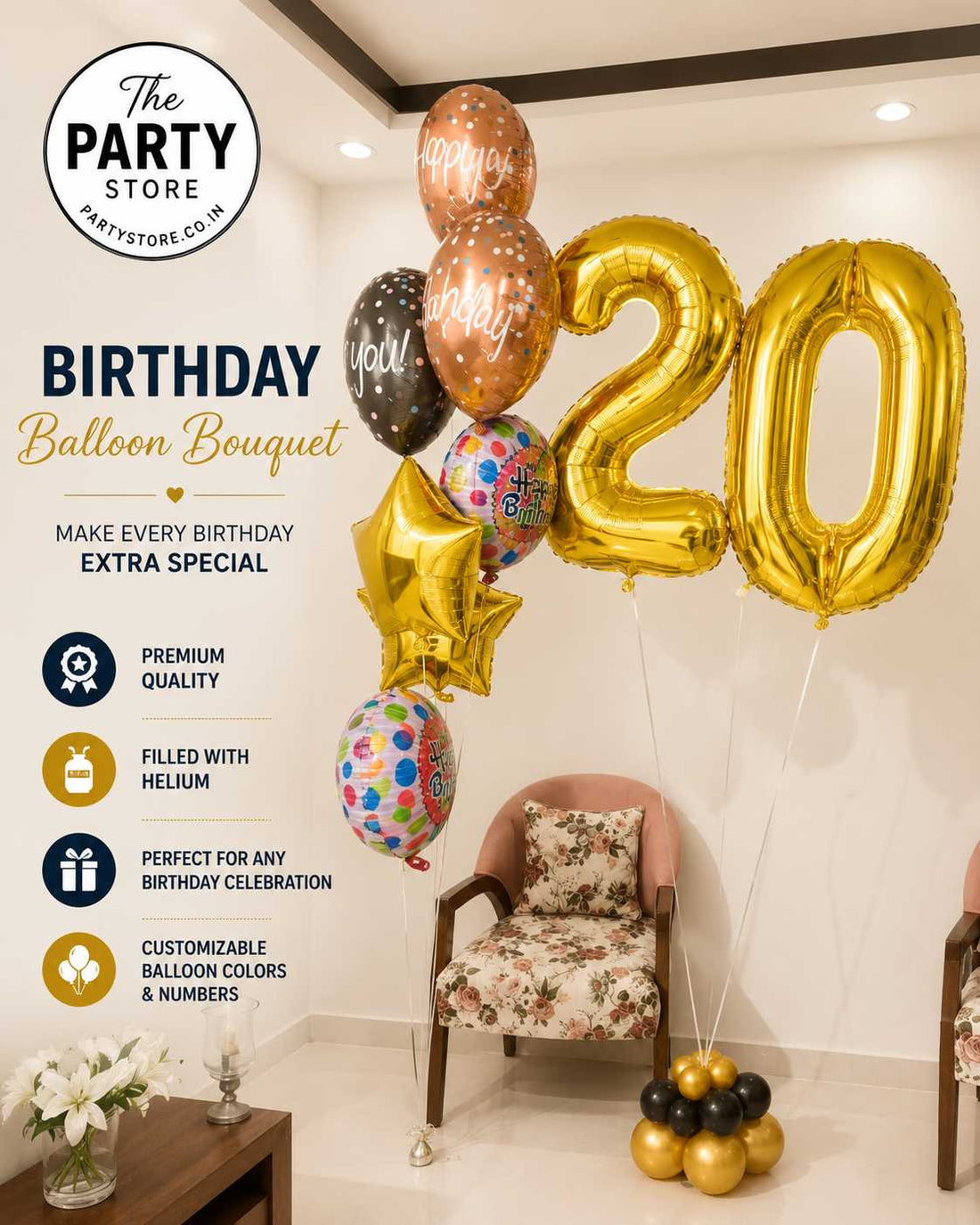 Milestone birthday balloon bouquet with customizable gold number balloons, helium-filled birthday balloons, and decorative foil balloons.