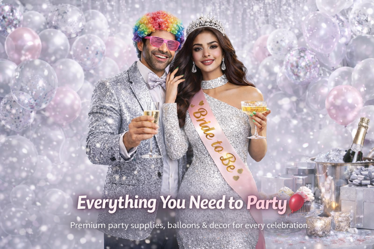 Premium party supplies with silver white balloons and elegant celebration decor