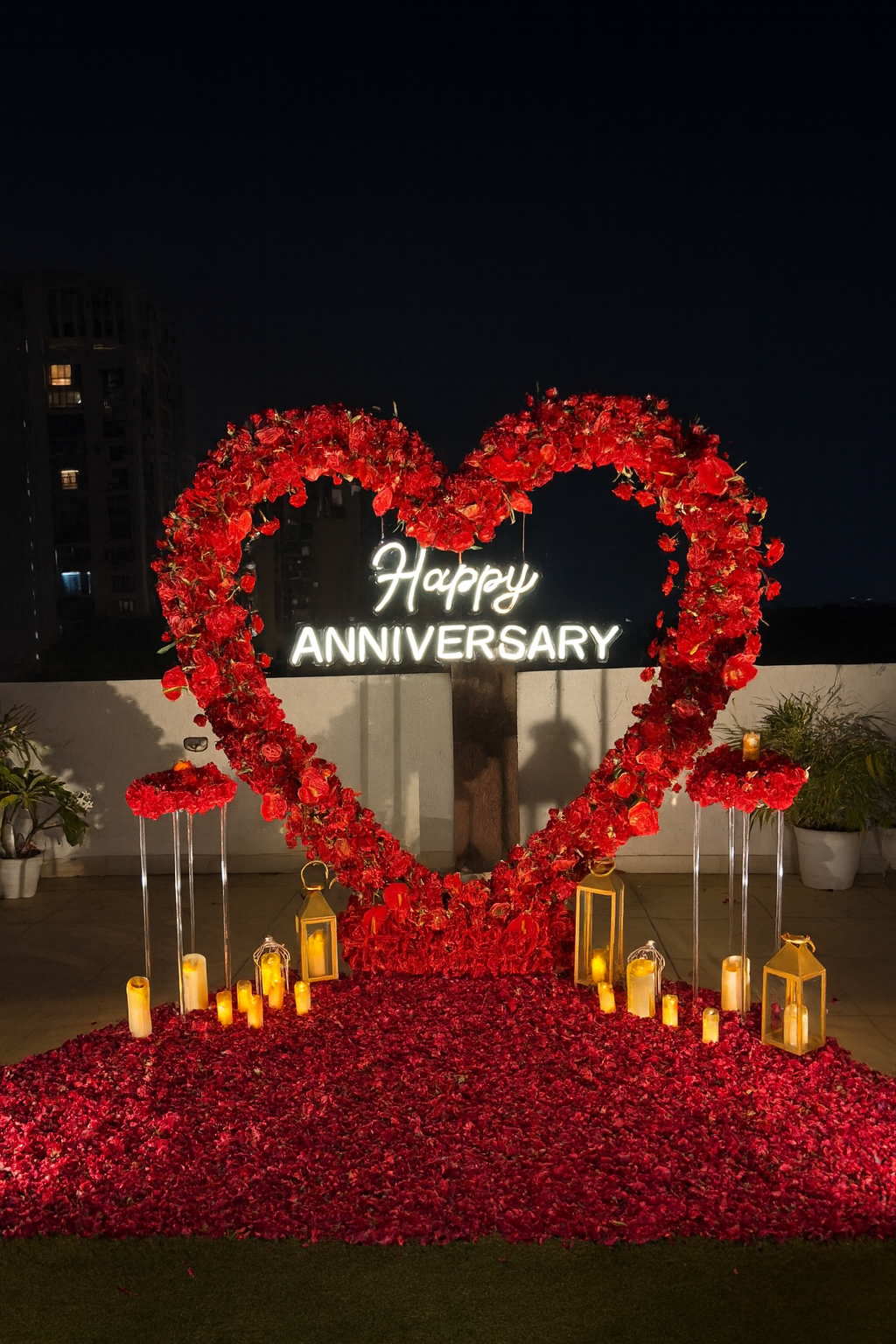 Romantic Happy Anniversary Rooftop Decoration with Heart Floral Arch &amp; Candlelight Setup