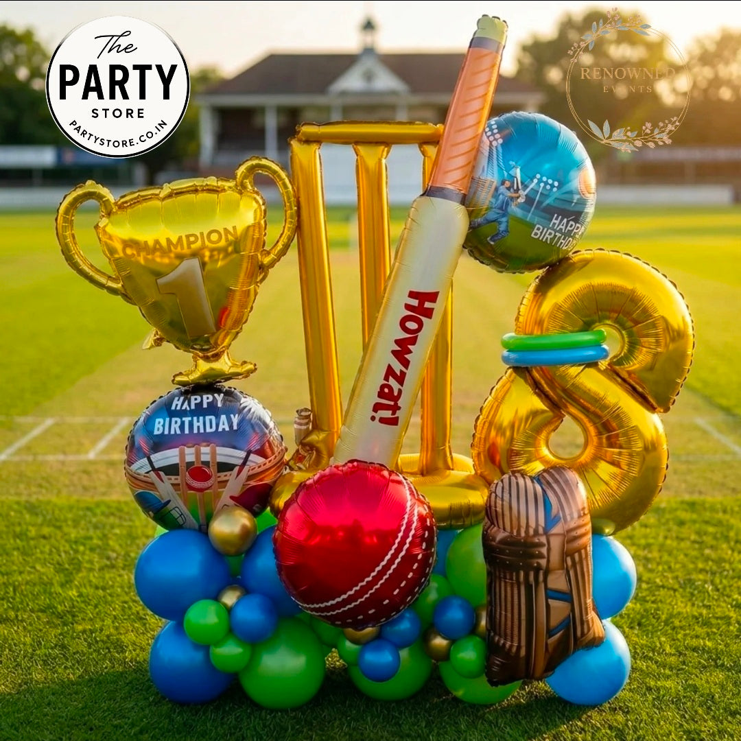 Cricket Theme Balloon Bouquet for Birthday Celebration | Cricket Trophy &amp; Bat Balloon Stand